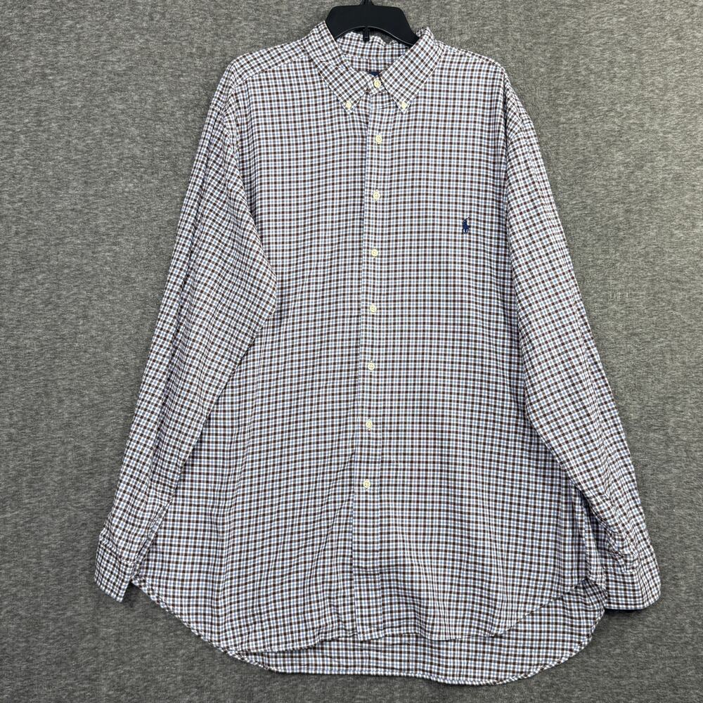 Ralph Lauren Mens Size 2XLT Check Cotton Long Sleeve Casual Shirt Brown Blue